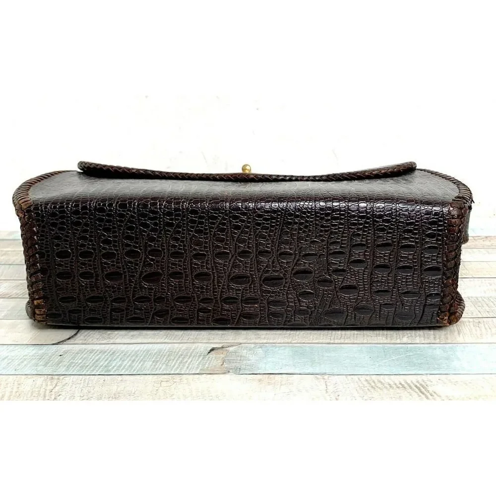 TRUE VINTAGE CROCO BROWN GENUINE LEATHER FLAP TURN LOCK HANDBAG PURSE POCKETBOOK